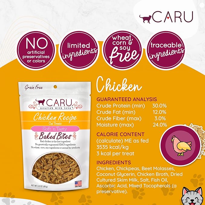 Caru - Soft ‘n Tasty Baked Chicken Bites - Natural Treats for Cats - Supports Muscle & Heart Health - Packed With Protein - Traceable Ingredients - Flavorful - Non-GMO - Made in USA - 3 oz - 1 Pack