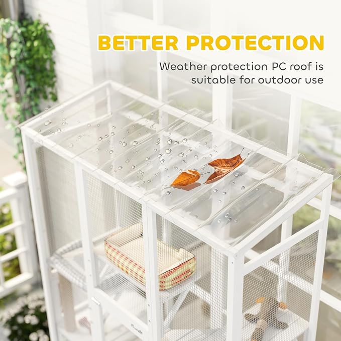 PawHut Outdoor Catio Cat Enclosure, Large Wooden Cat House with 6 Jumping Platforms, Scratching Post, 2 Ramps, Waterproof Roof, Kitty Cage Window Access for 2-3 Kittens, 99" H, White