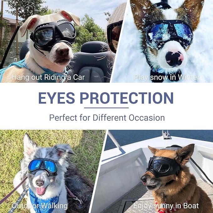 PETLESO Dog Goggles for Small to Medium Breeds, Small Dog Sunglasses UV Protection Windproof Snowproof, Outdoor Driving/Riding/Hiking Eyes Wear, Soft Frame Adjustable Straps, Silver Lens