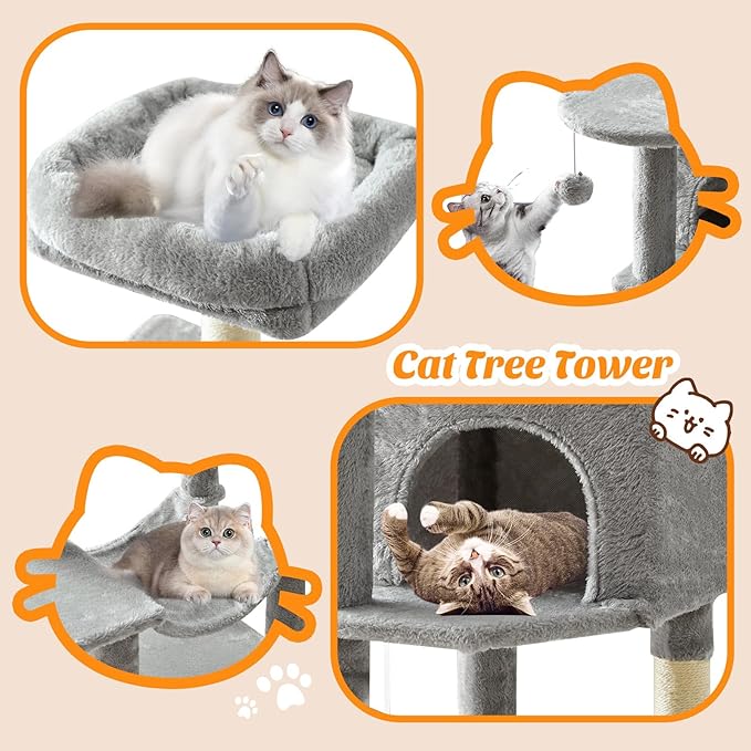 Sweetcrispy 44 Inch Cat Tree Tower, Cat Climbing Tower with Natural Sisal Scratching Posts, Hammock, Pet Condo for Indoor Cats and Kittens Play, Light Grey