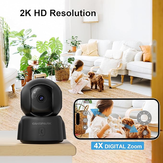 GOLSPARK 2K Indoor Security Camera for Baby Monitor, 2.4GHz WiFi 360 Pet Camera with Night Vision Motion Tracking Detection Two-Way Audio Sleep Mode SD Card Cloud Storage, Black