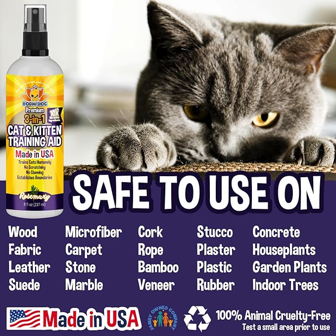 Bodhi Dog 3-in-1 Cat & Kitten Training Aid - Cat Deterrent Spray for Indoor and Outdoor Use - Repellent to Establish Boundaries, Keep Cats Off Furniture, Protect Rugs & Plants - Made in USA (8 Fl Oz)