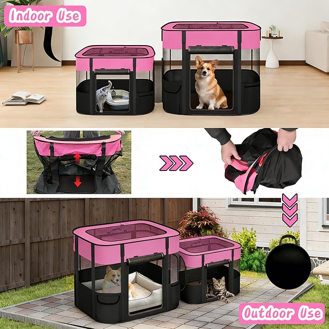 Portable Cat Playpen with Separate Areas, 2-in-1 Puppy Playpen & Cats Cage, Foldable Pet Tent for Indoor and Outdoor Use, Collapsible Tent Kennel Cage House(35.4"x27.6"x27.6" Pink & Black)