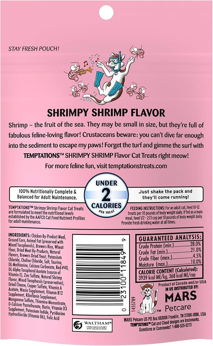 Temptations Cat Treats, Classic Crunchy and Soft Cat Treats, Shrimpy Shrimp Flavor, 3 oz. Pouch (Pack of 12)