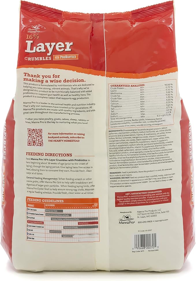 Manna Pro Chicken Feed, 16% Protein Layer Crumbles with Probiotics- Digestive Health, Complete Feed for Laying Hens to Support Egg Production, Nutrient-Rich Chicken Food, Made in USA, 8 lb(Pack of 2)