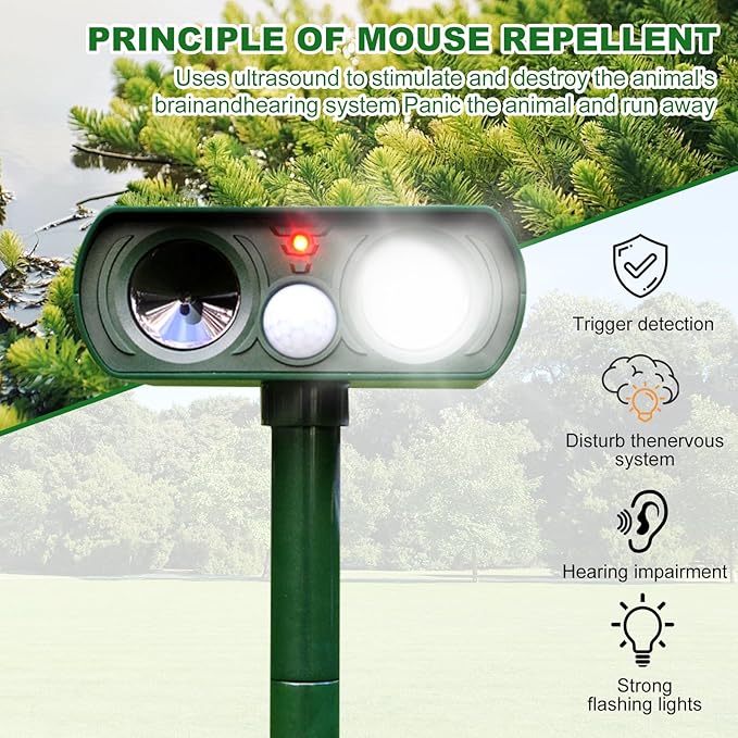 Solar Ultrasonic Animal Repeller, 2025 Cat Repellent Outdoor,Waterproof Deer Repellent for Raccoon,Dog,Fox, Deer, Skunk,Squirrel, Rabbit with LED Flashing and Motion Sensor,Sound Green