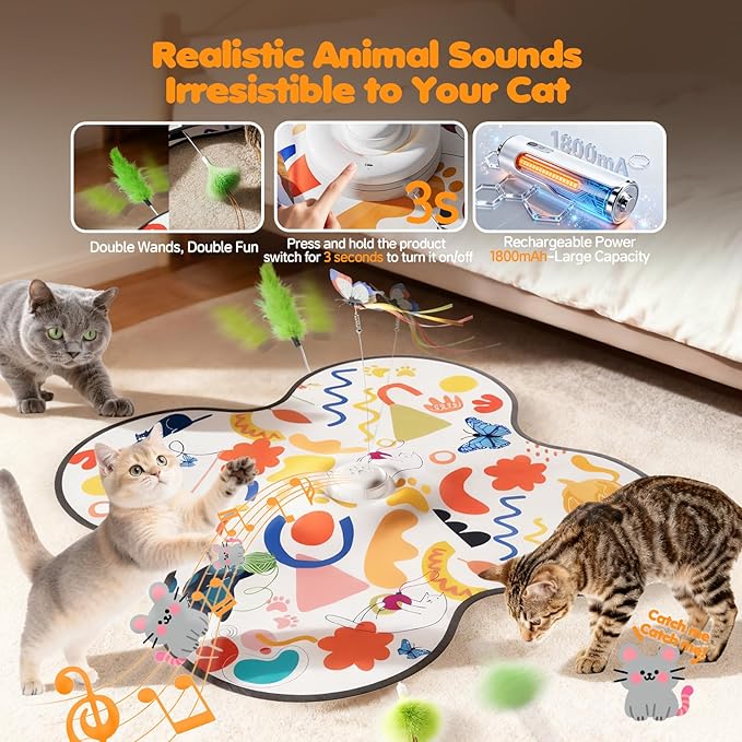 Interactive Cat Toys for Indoor Cats–Rechargeable Automatic Hide and Seek Kittens Toy with Moving Wand Feathers,Fluttering Butterfly,Real Mouse Squeaky,Motion Activated for Exercise & Bored Adult Cats