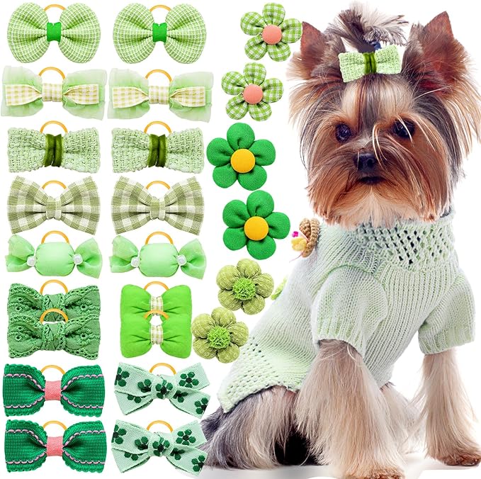 20pc Green Small Dog Hair Bows with Rubber Bands, Bulk Green Puppy Dog Hair Bows, Mix Handmade Cute Dog Gooming Flower Ball Bows for Holiday Yorkie Dog Hair Accessories