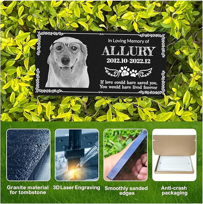 Personalized Pet Memorial Stone, Weatherproof Granite Dog Headstone - Custom Grave Markers for Dogs&Cats Engraved with Photo Name Date,Memorial Stones for Memory Garden