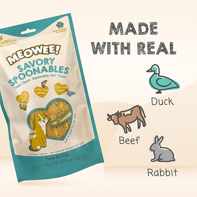 Savory Spoonables with Real Chicken, Salmon and Duck for Cats, 8 Count, Treat Your Cat to Triple Flavor Squeezable Lickable Wet Treats with Built-in Spoon for Less Mess (Pack of 2)