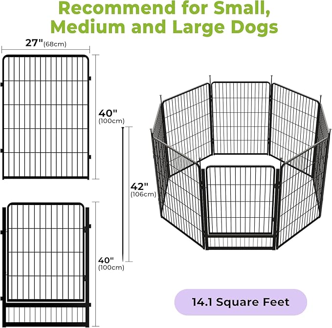 SunsGrove Dog Playpen Outdoor, Heavy Duty 40 Inch 8 Panels Dog Playpen for Medium and Large Dogs, Free and Safe Play Dog Fence Indoor, Black