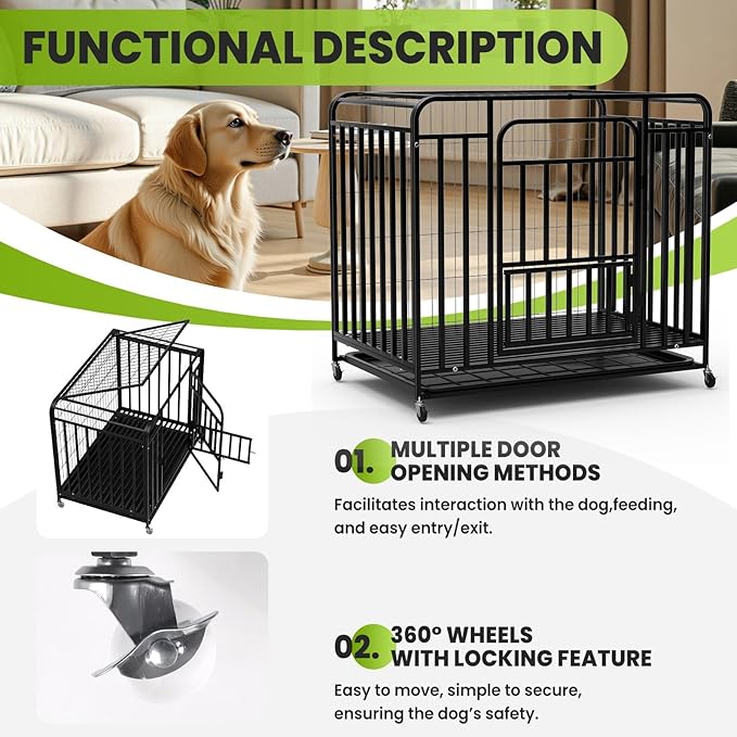 36.4×25×32.6 in Heavy Duty Dog Crate, Alloy Steel Material Dog Kennel, with 3 Doors 4 Lockable Wheels 1 Removable Trays, Dog Cage Kennel for Small to Medium Dogs (36 in)