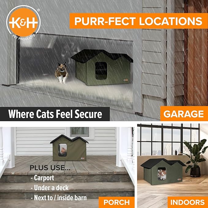 K&H Pet Products Extra-Wide Outdoor Cat House for Outside Pets, Weatherproof Outdoor House for Large Cats, Insulated Kitty Shelter, 2 Doors, Waterproof Removable Floor Pad, Unheated - Olive