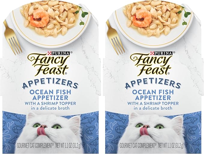 Fancy Feast Purina Lickable Appetizers Grain Free Wet Cat Food Topper Ocean Fish Appetizer with a Shrimp Cat Food Topper - 1.1 oz. Trays,(Pack of 20)