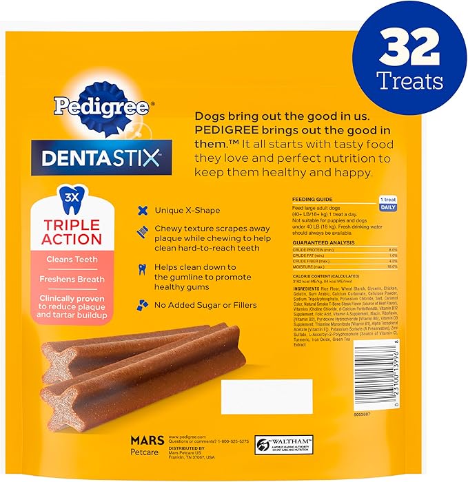 Pedigree Dentastix Dog Dental Treats, Large Breed Dog Treats, Beef Flavor, 1.67 lb. Bag (32 Treats Total)