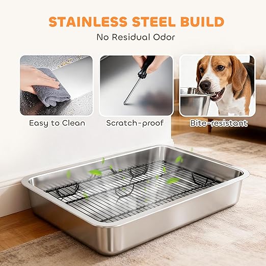 PawHut Dog Potty Tray Stainless Steel, Puppy Training Tray for Small and Medium Breeds, Indoor Dog Pee Pad Holder with Elevated Grid, Easy to Clean, for Porch, Bathroom, Balcony, 28" x 20" x 4"