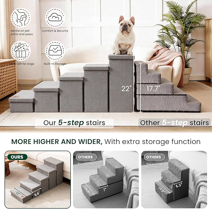 Love's cabin Dog Stairs for High Bed 22" H, Foldable Pet Stairs for Small Medium or Large Dogs Puppy with Storage for Bed or Couch, Cat Dog Steps Ramp with Zip up to 200 lbs, Solid Grey, 5 Steps
