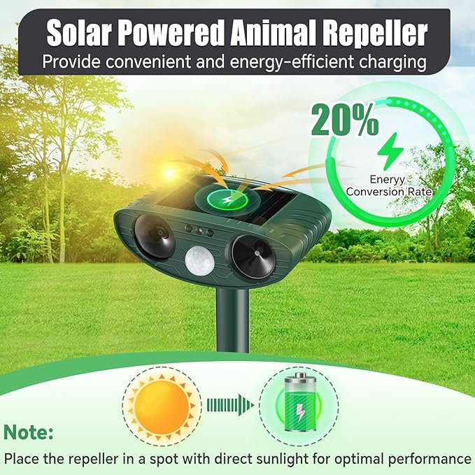 Cat Repellent Outdoor, Solar Ultrasonic Animal Repellent, Squirrel Repellent, Raccoon Deterrent, Waterproof Dog Repellent, Deer, Skunk, Mole Repellent, Motion Detector and LED Flashing Light (2)