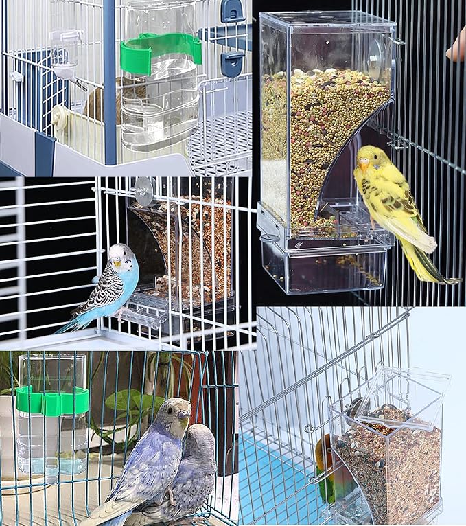 Kenond No Mess Bird Feeder Water Dispenser Set, Automatic Parrot Cage Accessories, Acrylic Parakeet Seed Food Drinker for Cockatiel, Squirrel, Finch, Lovebirds, Budgies, Canary