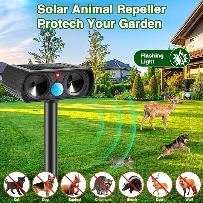 2026 Cat Repellent Outdoor Solar Ultrasonic Animal Repellent Outdoor with Motion Activated Cat Deterrent to Scare Deer Squirrel Rabbit Raccoon Skunk Repellent for Yard Lawn Garden(2Pack)