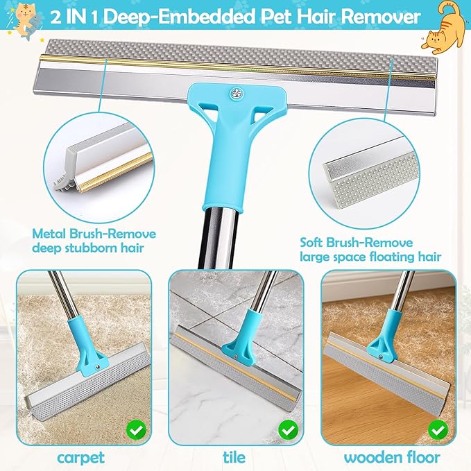 3PCS Pet Hair Removal Tool - Reusable Carpet Rake for Deep Stubborn Cleaning with Copper Head Scraper and Silicone Scraper, 52" Adjustable Long Handle Dog Hair Remover Broom for Sofa, Rugs, Couch, Car