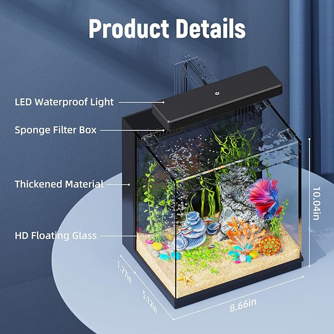 Betta Fish Tank, 2 Gallon All-in-One Aquarium Kit with Filtration & LED Light, Self-Cleaning Aquarium for Beginners, Kids, Gifts for Men，Teen Boys