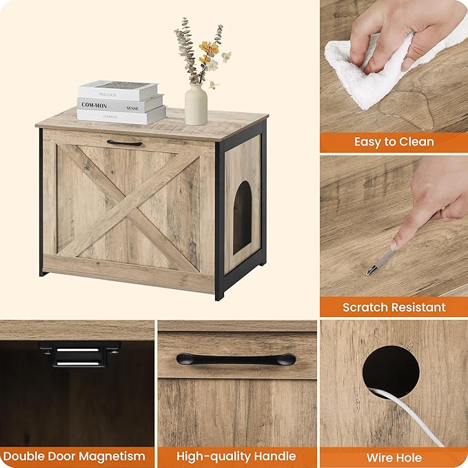 Dwanton Cat Litter Box Furniture Hidden, Cat Litter Box Enclosure, Reversible Entrance Can Be on Left or Right Side, Indoor Cabinet, Wooden Washroom, End Table, Nightstand, Greige, 27.6" L