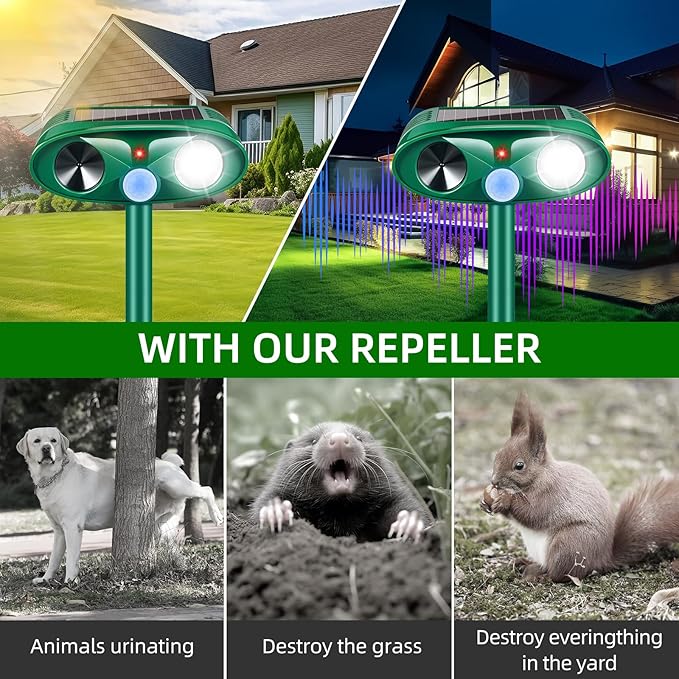 2026 Solar Ultrasonic Animal Repellent Outdoor Motion Activated Cat Deer Repellent IP65 Waterproof Squirrel Raccoon Fortress Pro Skunk Rabbit Dog Bird Deterrents Animal Repeller for Garden Yard,2 Pack