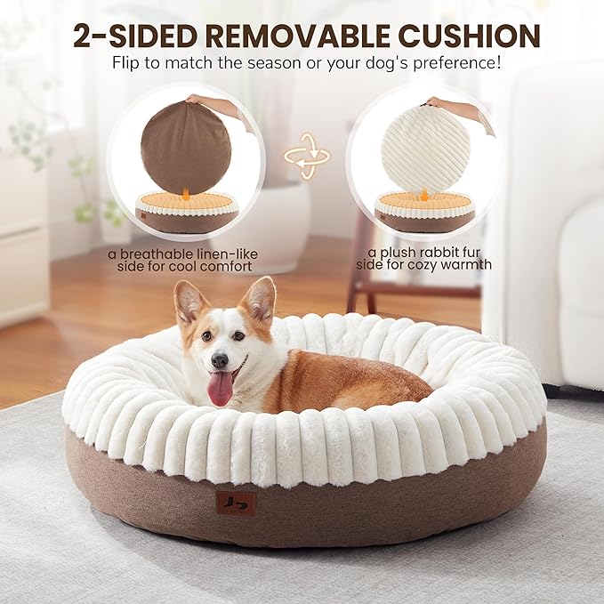 Donut Dog Bed Medium Size Dog 36 Inch, Round Cat Beds for Small Medium Dogs and Cats with Washable Fluffy Faux Fur, Cute Comfort Pet Bed with Anti-Slip Bottom, Cream