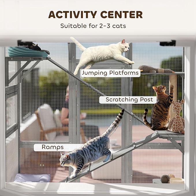 PawHut Outdoor Catio Cat Enclosure, Large Wooden Cat House with 6 Jumping Platforms, Scratching Post, 2 Ramps, Waterproof Roof, Cat Cage Window Access for 2-3 Kittens, 99" H, Gray
