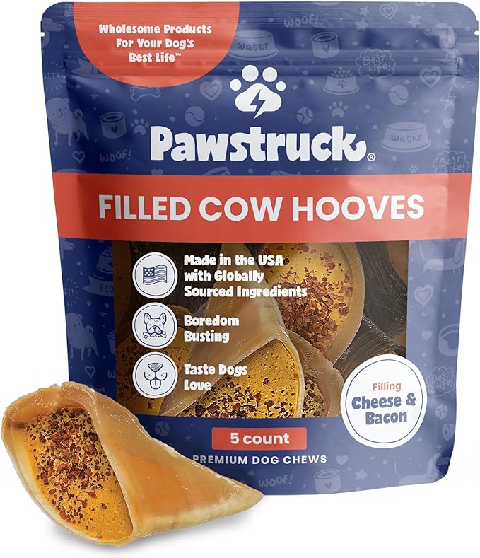 Pawstruck Cheese and Bacon Filled Cow Hooves for Dogs – Made in USA, Long-Lasting Dental Treats and Chews – Beef Hoof – 5 Count – Packaging May Vary