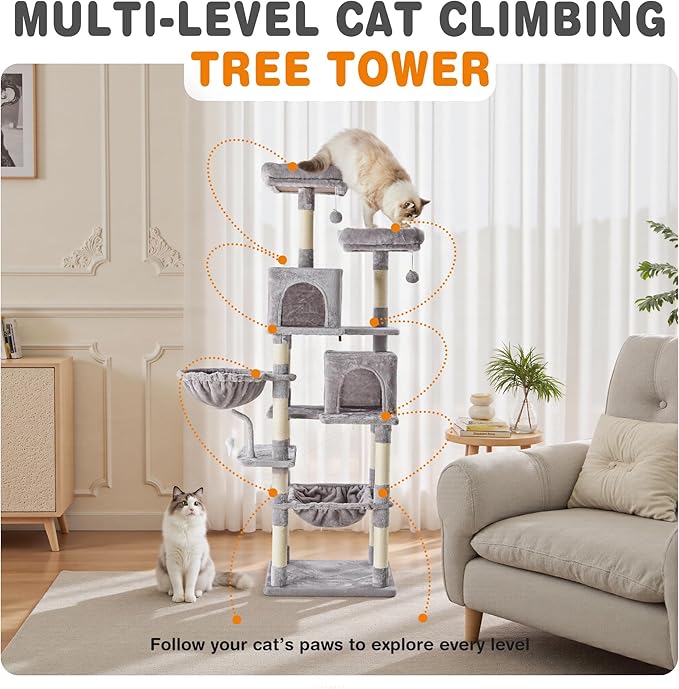 Sweetcrispy 71 inch Cat Tree Tower, Large Multi Level Cat Climbing Tower with Condo, Natural Sisal Scratching Posts, Platform, Hammock, Basket, Tall Pet Tree House for Indoor Cats Play, Light Grey