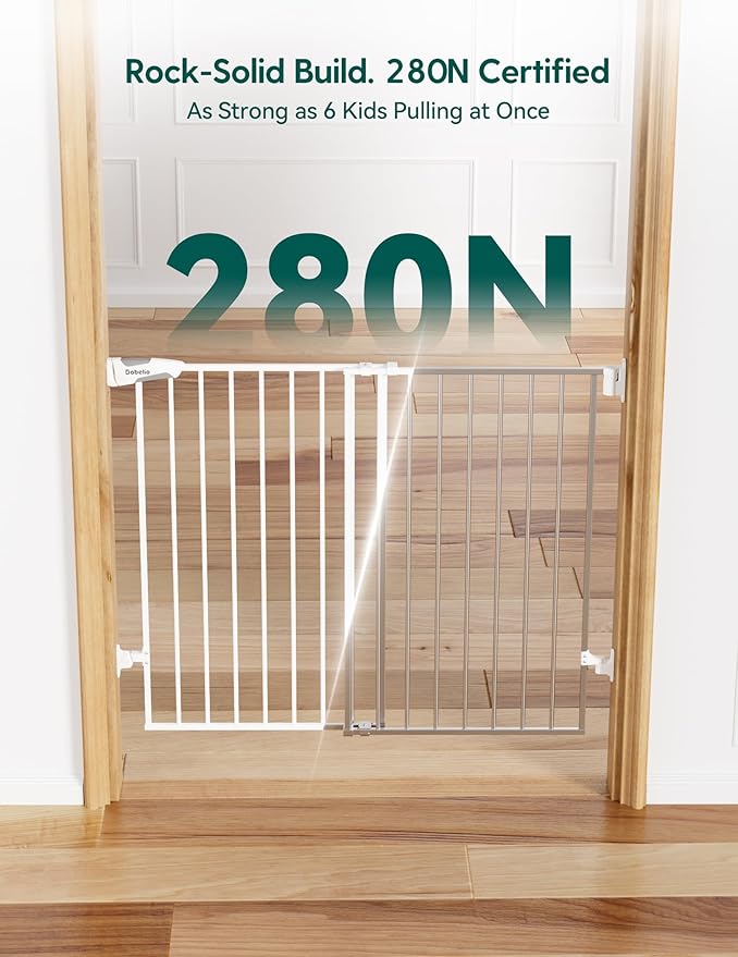 Babelio Baby Gate for Stairs, Kitchen & Doorways, No Bottom Bar| Easy Installation| One-Handed Operation| Auto-Close| Hardware Mount (Drill Needed) Safety Dog Gate (White - B17, 24-39" W, 28" H)