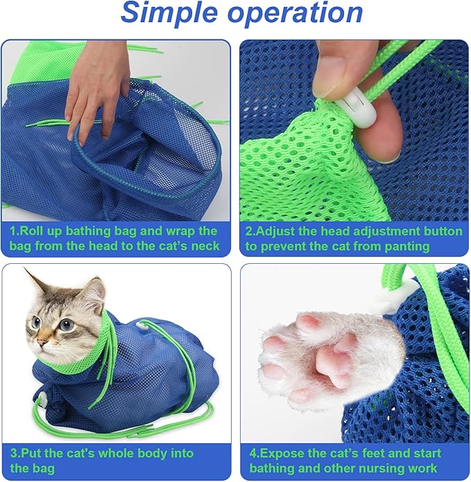 Cat Bathing Bag, Breathable Mesh Cat Shower Bag Anti Scratch Adjustable Cats Grooming Washing Bag for Nail Trimming Polyester Soft