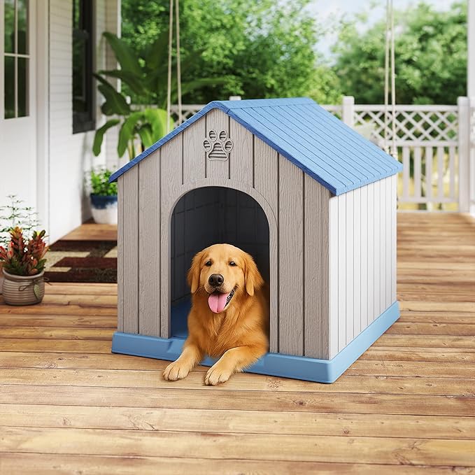 DRATO Large Dog House Indoor Outdoor Waterproof,Puppy Shelter with Air Vents and Elevated Floor,Sturdy Dog Kennel for Small to Large Sized Dogs, Easy to Assemble (Blue, 38.62×36.26×38.07 Inches)