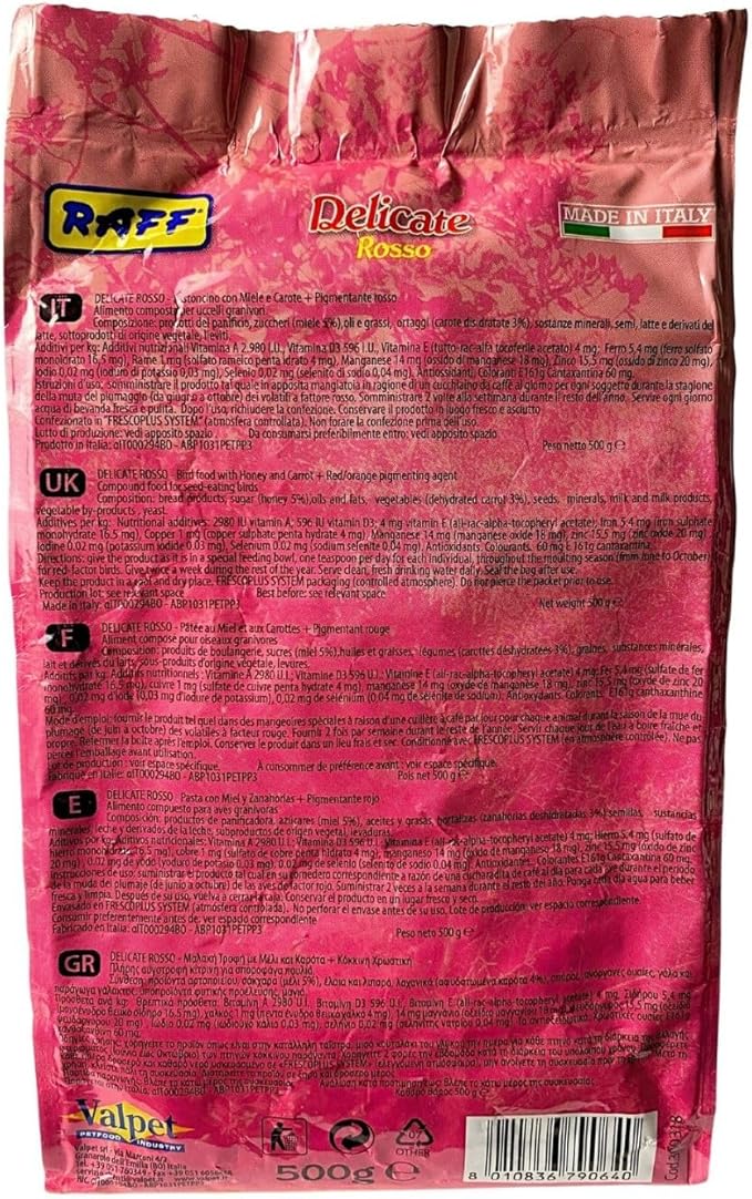 Raff Delicate Rosso 500g – Red Canary Food Enriched with Honey and Carrots – Specialized Red Factor Formula for Seed-Eating Birds Seeking Vibrant Plumage and Optimal Health