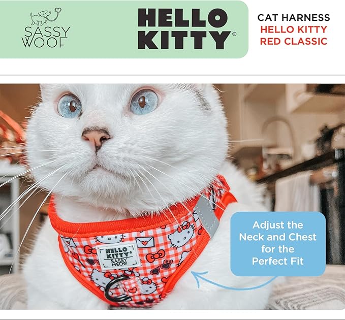 Sassy Woof Cat Step-in Harness - Hello Kitty® Red Classic - XS, Breathable Mesh, No Pull Design with Two D-Rings, Perfect for Small Cats and Kittens - Officially Licensed