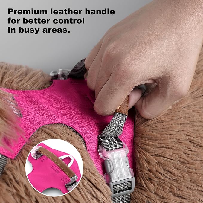 No Pull Dog Harness – Adjustable Reflective Nylon Vest for Small Medium Large Dogs, Escape Proof Training Harness with Leather Control Handle, Lightweight Aluminum Hardware (Hot Pink, M)