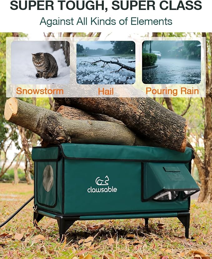 Indestructible Heated Cat House for Outside Winter, 100% Waterproof, Safe Escape Door, Insulated Outdoor Cat Shelter with Heater for Feral Barn Cat Kitty (Forest Green, 12"x16"x18")
