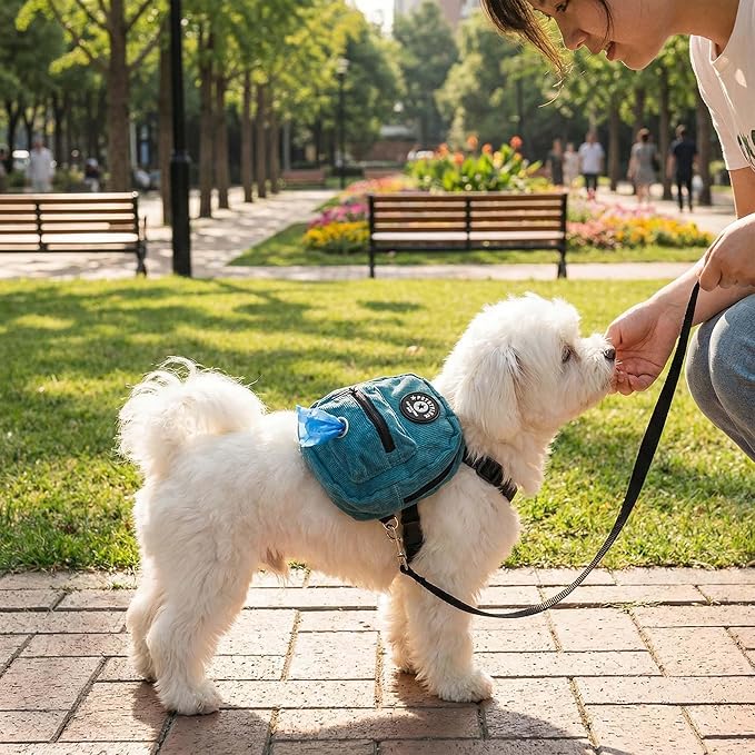 FLAdorepet Dog Backpack Harness with Leash, Dog Poop Bag Dispenser, Pet Self Carrier Adjustable Travel Hiking Walking Harness Backpack for Small Medium Dogs (L(Fit:10-15lb), Blue)