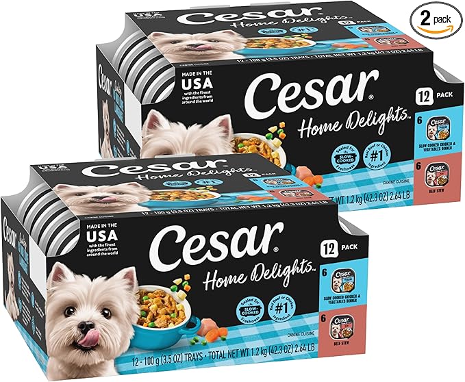 Cesar Home Delights Adult Wet Dog Food, Slow Cooked Chicken & Vegetables Dinner in Sauce and Beef Stew Variety Pack, 3.5 oz. Easy Peel Dog Food Tray, 12 Count (Pack of 2)