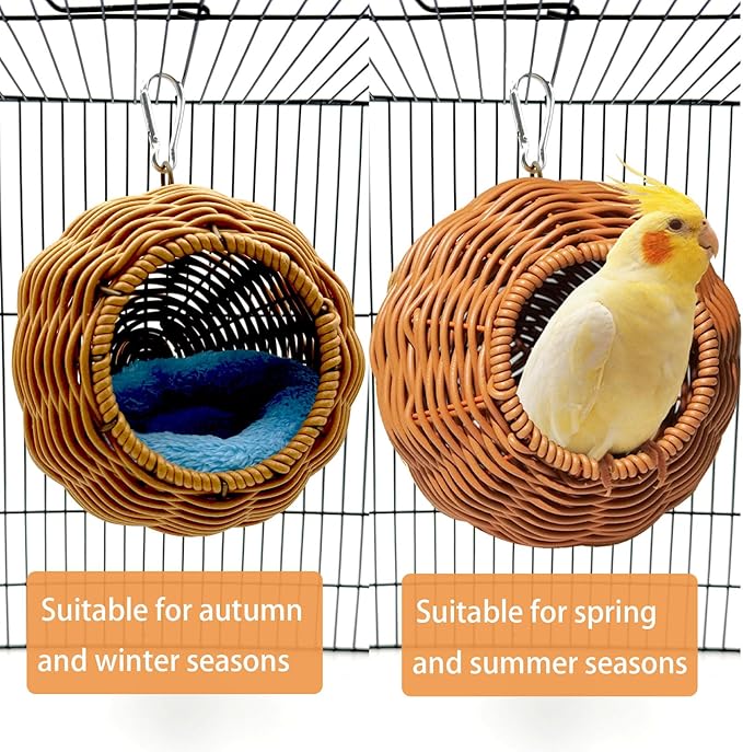 Rattan Bird Nest for Cage，Hanging Parrot Breeding Nesting House Washable Soft Lay Warm Sleep Hut Bird Cage Accessories for Cockatiels Budgerigars Finches Canaries (Circular Opening)