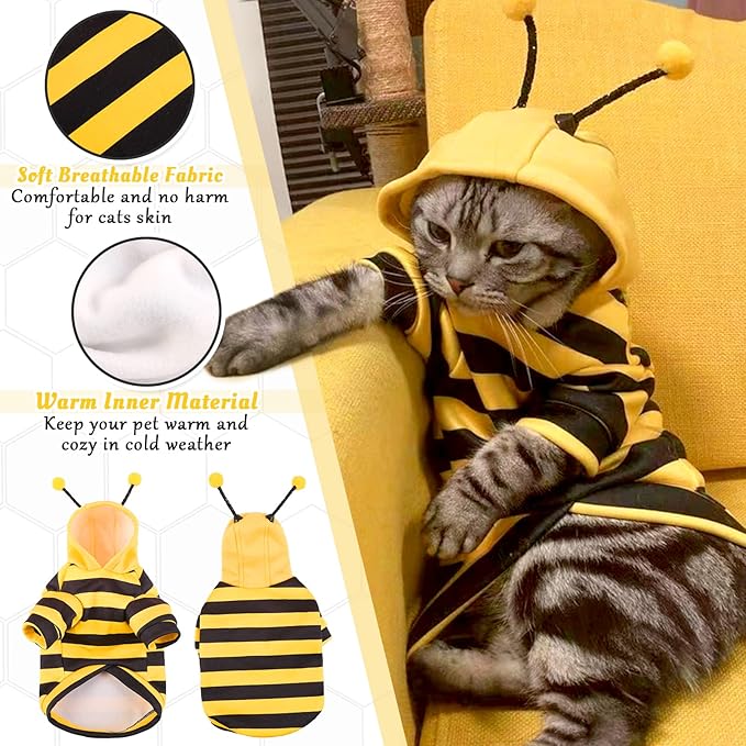 QBLEEV Sphynx Cat Clothes Honeybee, Cat Costumes for Cats Only, Hairless Cat Sweaters Warm Kitten Pullover Shirt, Cat's Pajamas Jumpsuit Apparel, Cat Outfits for Male Female Cats