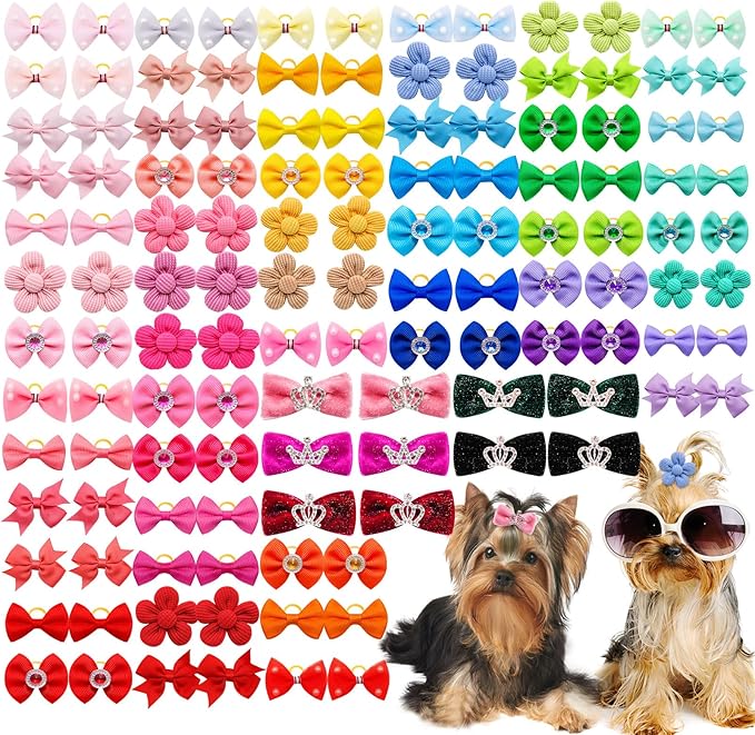 100pcs Assorted Dog Hair Bows,Cute Solid Color Dog Bows for Girl Small Medium Size Dogs,Handmade Puppy Bowknot with Rhinestone Crown Designer and Mix Shapes, Pet Hair Grooming Accessories