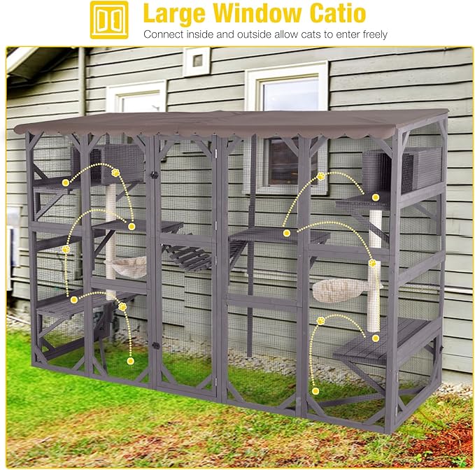 Aivituvin Catio Outdoor Cat Enclosure Window Large Cat Patio 3 Tiers with 6 Platforms and 2 Scratching Posts for Cats House 104" L