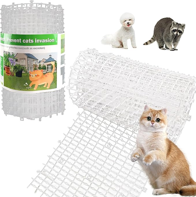 Pet Repellent Mat, White, 6.5 feet with 8 Ground Stakes 8 Zip Tie, Cat Repellent Mat with Gentle Spikes for Garden/Backyard, Dog and Raccoon Deterrent Mat, 78.74 inches x 11 inches.