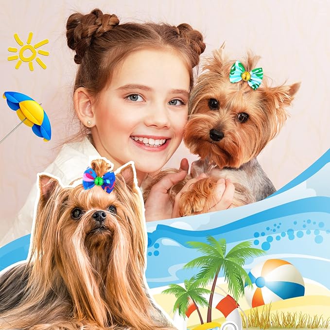 Sadnyy 240 Pcs Summer Spring Dog Hair Bows with Rubber Bands Rhinestone Grooming Dog Puppy Bows for Girls Boys Dogs Cute Ear Bows Dog Hair Accessories for Summer Holiday Pets Cats Dogs