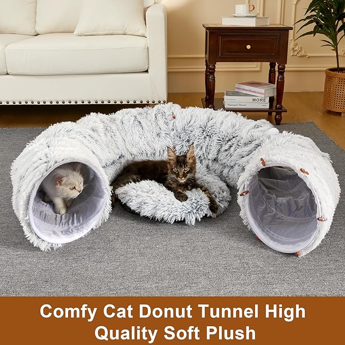 Cat Tunnel,Peekaboo Cat Cave Bed for Indoor Cats Cat Donut Tunnel for Pet Cat House Detachable Round Cat Felt & Washable Interior Cat Play Tunnel (Grey, 32in)