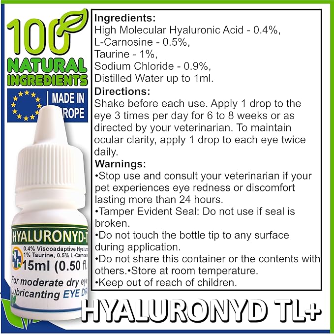 Lubricating Gel Eye Drops 15ml with Hyaluronic Acid 0.4% & L-Carnosine & Taurine for Pets Cat/Dog Moisturizer Soothes Dryness and Irritation & Itchy, Daily Use to Relieve Dry Eyes, Artificial Tears