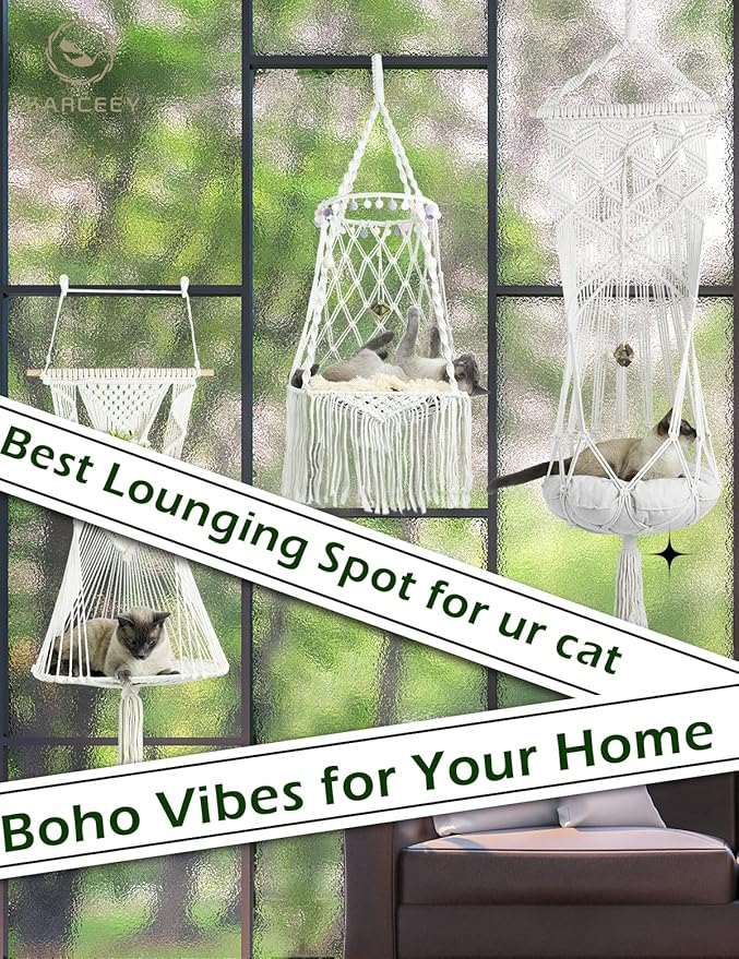 KARCEEY Cat Hammock Macrame Hanging Bed for Large Cats - 50lbs Heavy Duty Cat Swing Wall Mounted Boho Window Perch - Hardware Kit Included